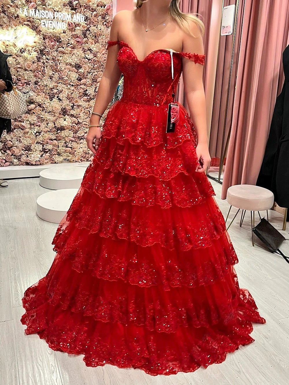 Sherri Hill 56196 Ruffle Tulle Lace Sequin Ball Gown Red Sequined Prom Gown Size